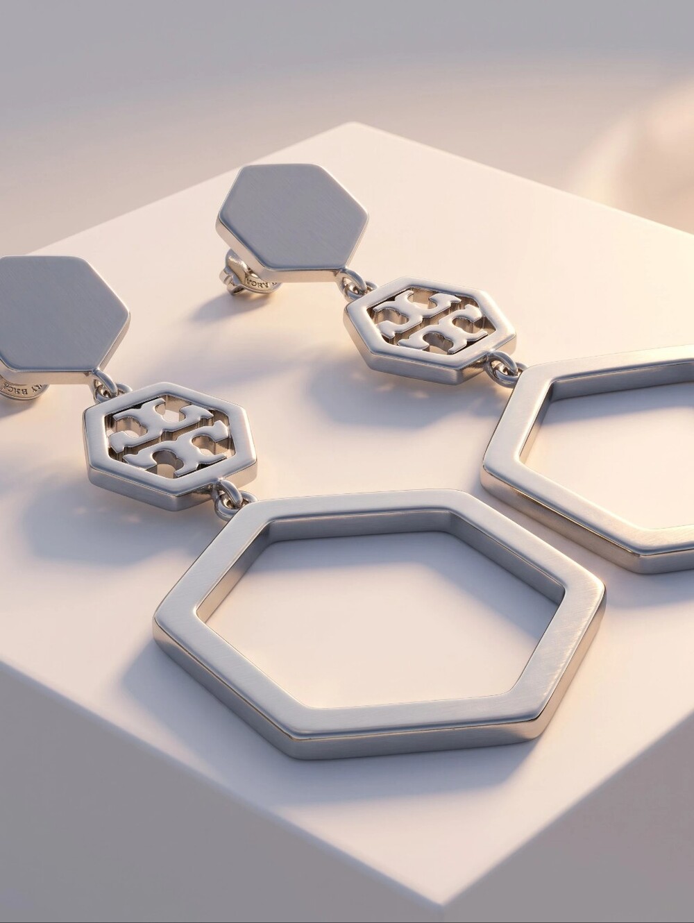 Tory Burch Silver Hexagon Dangle Stud Earrings